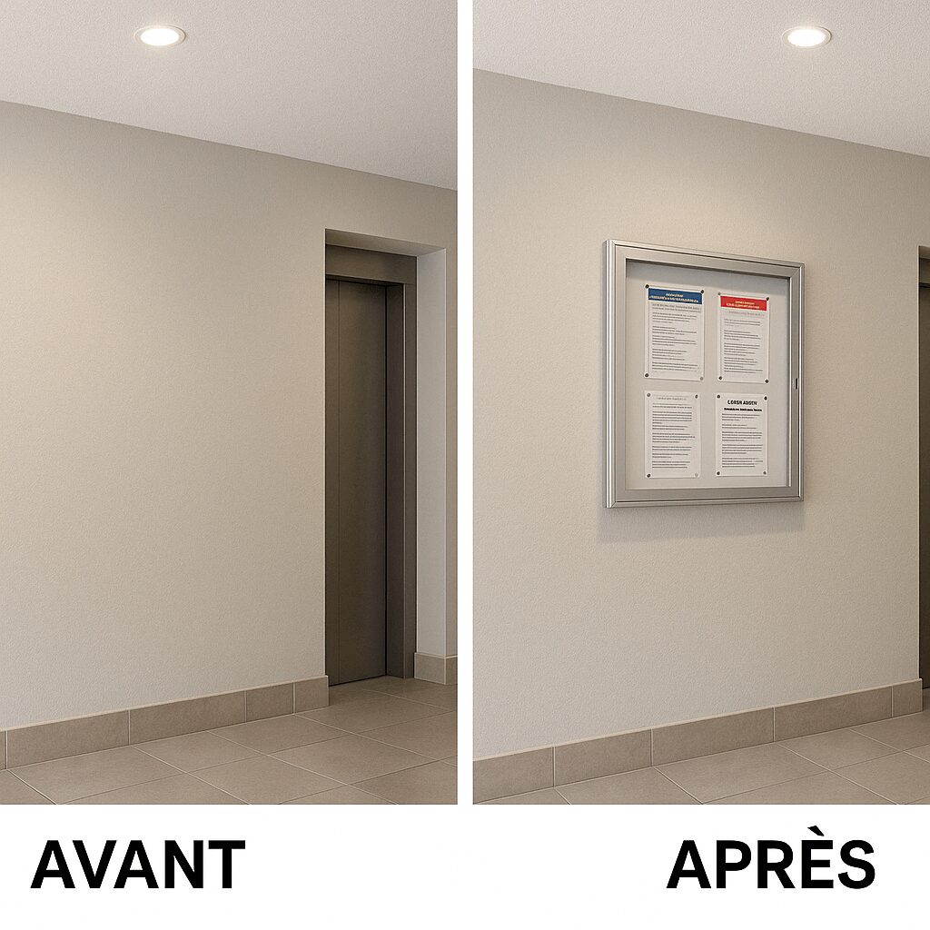 illustration avant et après installation vitrine d'affichage 